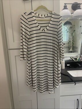 entro Black and White Striped V-Neck Swing Dress